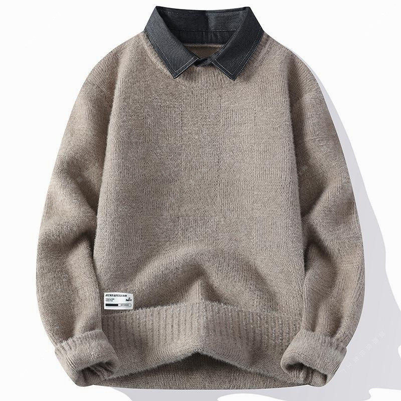 秋冬季男士衬衫领针织衫青年带领保暖加厚宽松套头假两件毛衣男款