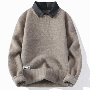 青年带领保暖加厚宽松套头假两件毛衣男款 秋冬季 领针织衫 衬衫 男士