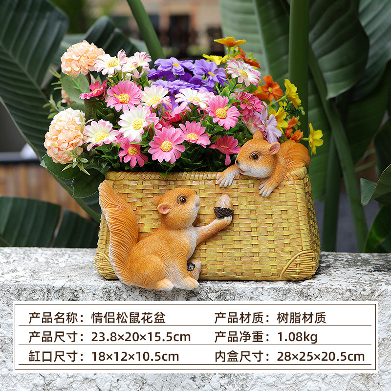 户外花园卡通松鼠乡村花盆多肉创意美式编织阳台布置造景庭院装饰