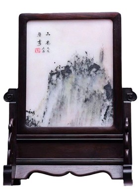 老挝大红酸枝镶嵌云石插屏红木古董砚屏屏风古典台屏复古石画实木