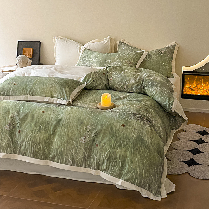 热销高端美式轻奢100支长绒棉印花磨毛秋冬被套床上用品四件套全