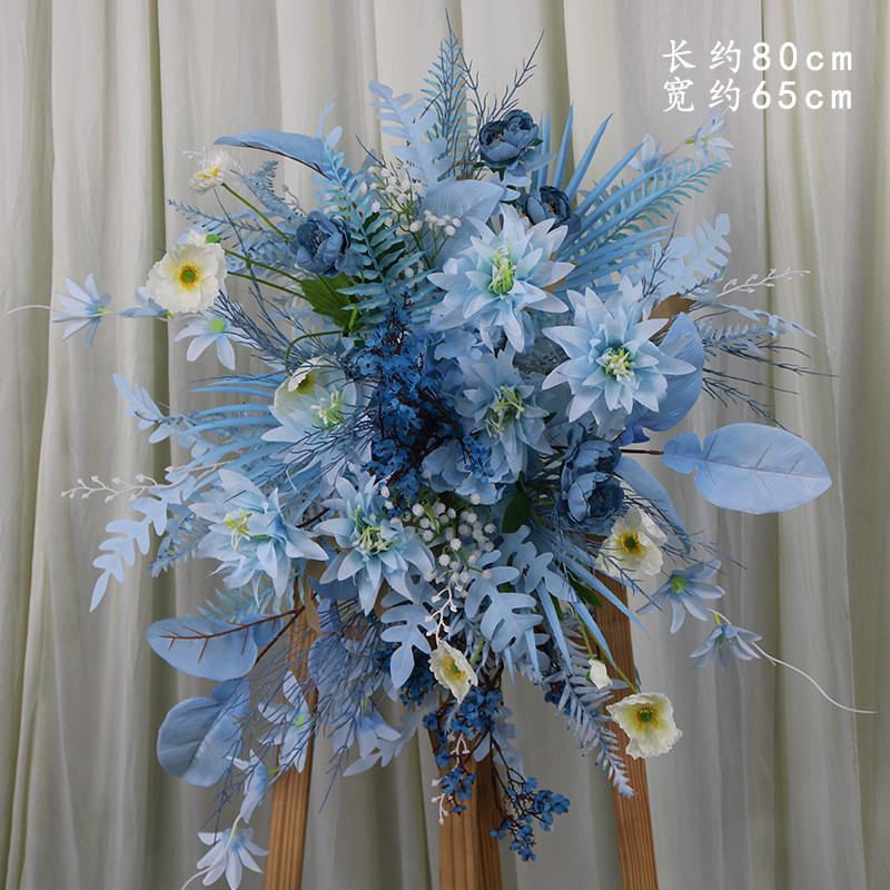 婚庆蓝色系婚礼场景迎宾系花艺仿真花排花路引花点背景舞台套布置