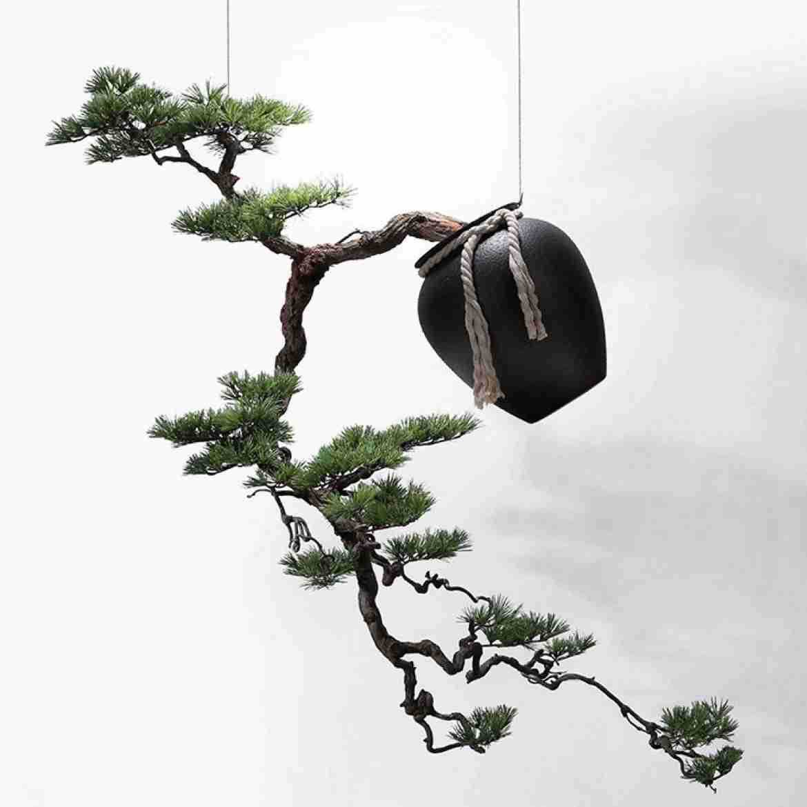 新中式禅意仿真迎客松造景悬挂盆景装饰摆件餐厅玄关茶室吊挂酒店