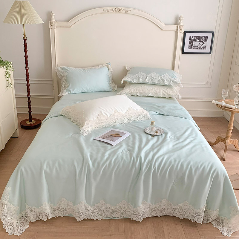 6buj夏季支80公主风双面天丝夏凉被四件套韩式蕾丝花边可水洗空调