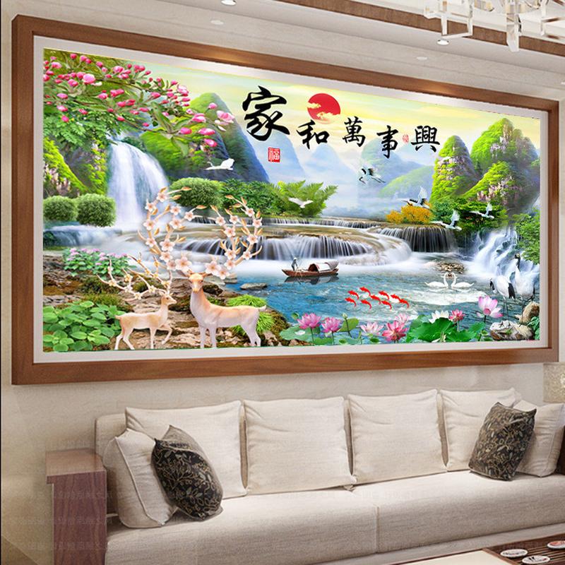 批发线绣客厅新款十字绣家和万事兴流水生财十字绣麋鹿刺绣满绣