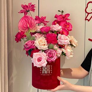 婚庆架子装饰花婚房摆件真花红色喜庆新房婚礼布置结婚插花抱抱桶