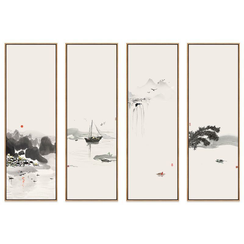 禅意新中式客厅装饰画茶室沙发背景墙挂画水墨画壁画四联墙画复古