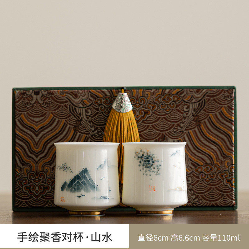 手绘对羊脂玉瓷情侣对杯高端白瓷功夫茶具茶杯绿松石水晶主人杯杯