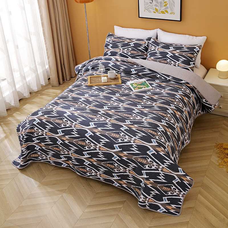 谦豪家纺美式棋盘格绗缝被床盖全棉床上用品三件套绗缝床盖床单