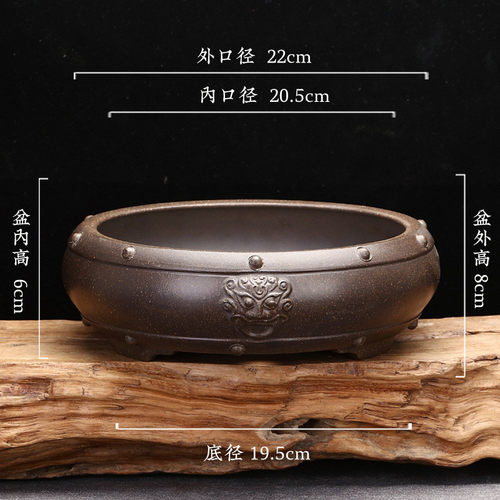 紫砂花盆仿古鼓多肉盆栽圆形盆景盆兽头兰花君子兰室内假山钉批发