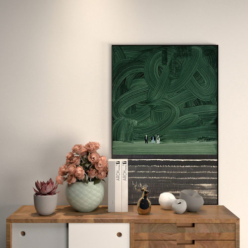 北欧艺术玄关落地大幅靠墙挂画餐厅客绿色侘寂风沙发背景墙装饰画