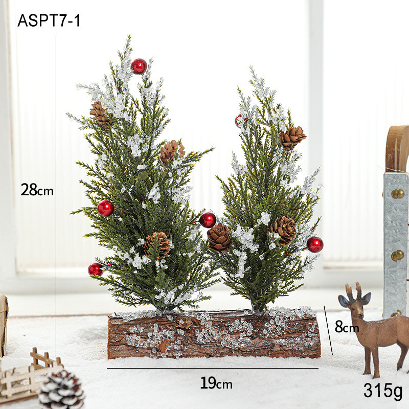 桌面带雪圣诞树摆件双树木桩底仿真松果雪松松针迷你圣诞树装饰