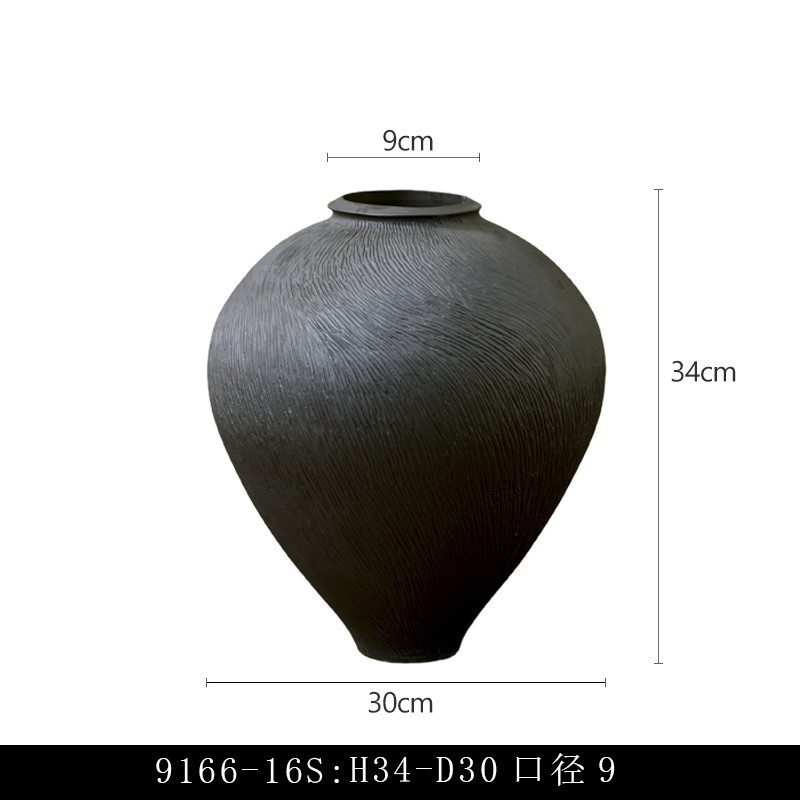 y圎4新中式复古土陶黑色花瓶陶罐客厅酒店样板间陶瓷摆件高级感装