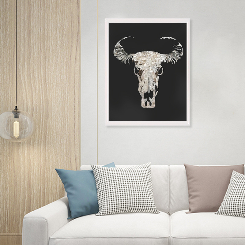 厂家定制贝壳字画牛头画装饰画马赛克现代北欧家居贝壳图片