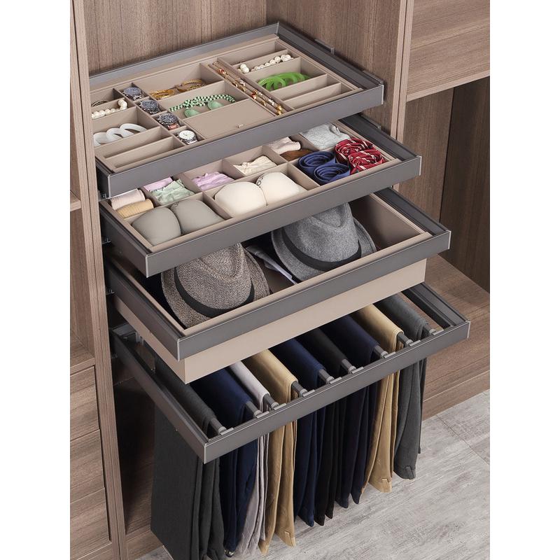 热销5zv7批发衣柜拉篮抽屉式内置首饰盒皮革格子伸缩挂裤架抽拉抽