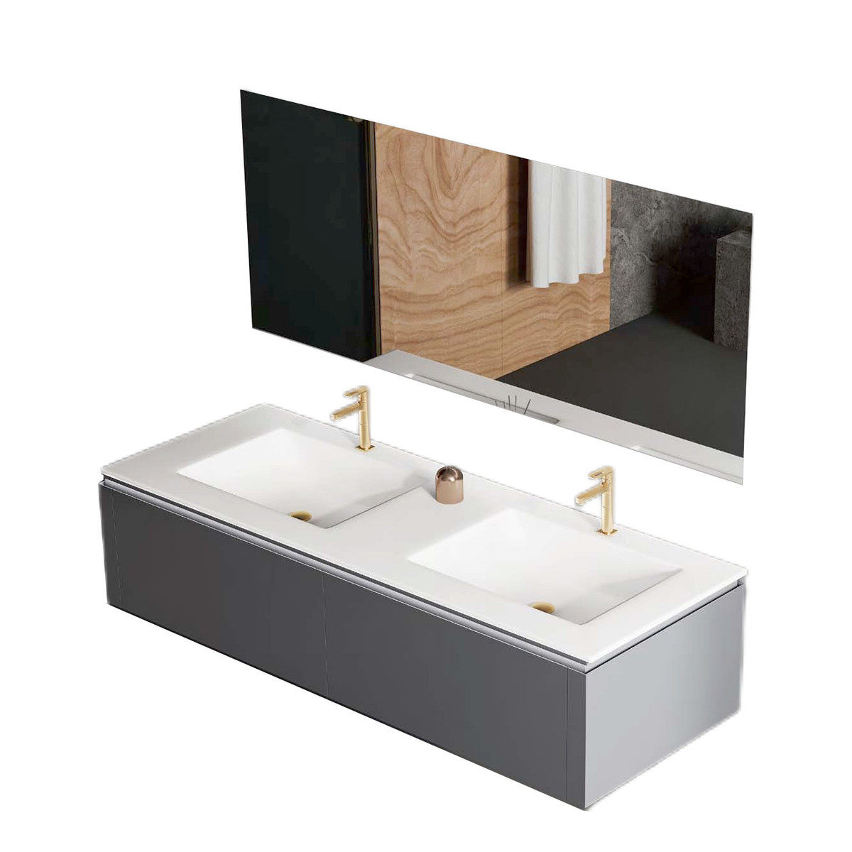 灰色浴室柜定制岩板一体双盆实木智能镜洗漱台组合工程酒店