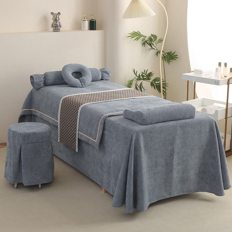 华夫高档美容床罩四件套新款格美容院床罩推拿理疗带洞床单套批发