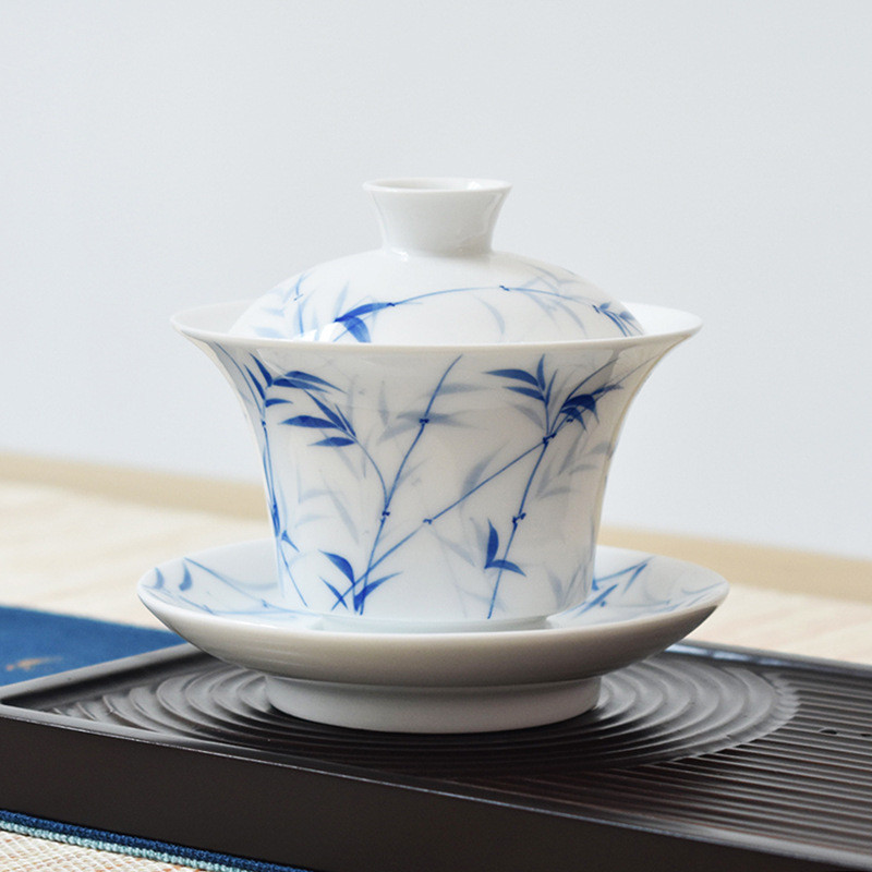 德化白瓷盖碗陶瓷仿古手绘功夫三才杯茶碗泡茶杯敬茶碗不烫手