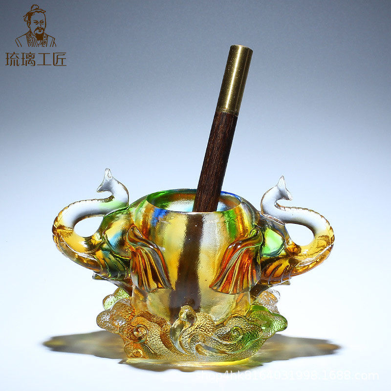 琉璃工艺品高档大象笔筒办公室老板桌面装饰摆件一对吉祥如意大气