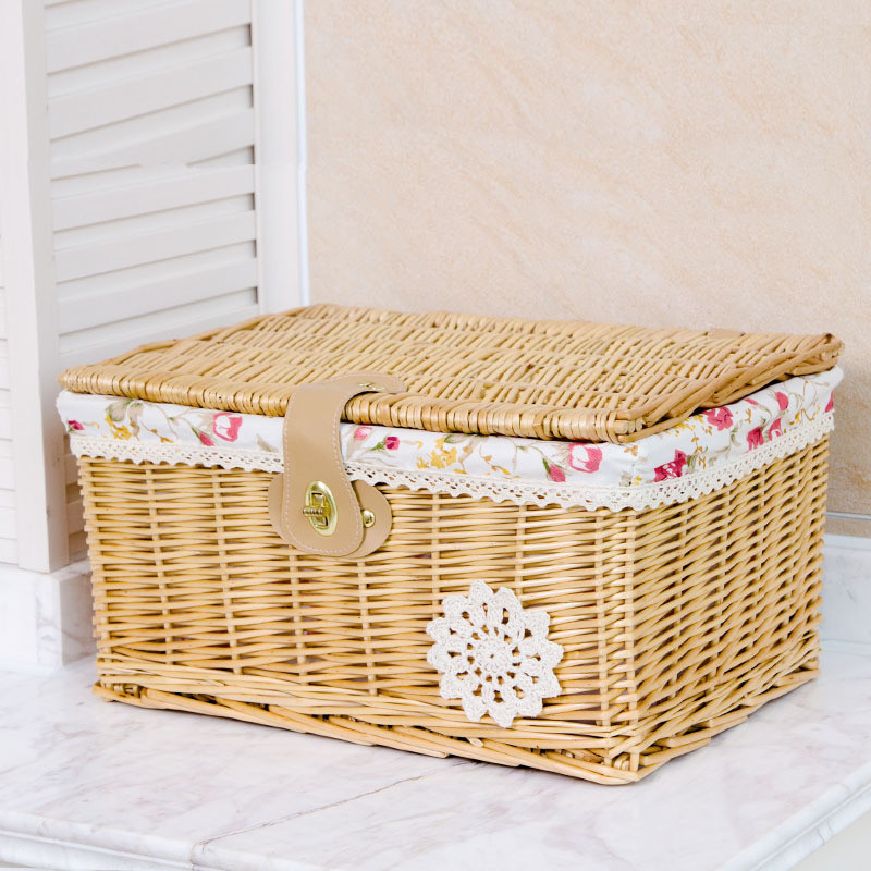 qd4d柳编收纳箱大号带锁扣藤编收纳筐带盖衣服筐藤筐篮子储物箱整