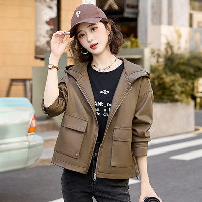 时尚连帽皮衣女春秋2024新款显瘦休闲夹克上衣大码胖mm短款外套