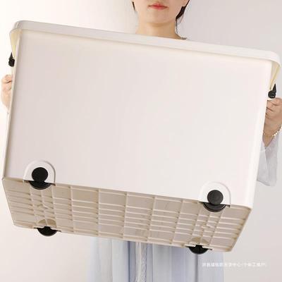 收纳箱带滑轮简约白塑料箱特大号加厚家用玩具被子衣服整理箱有盖