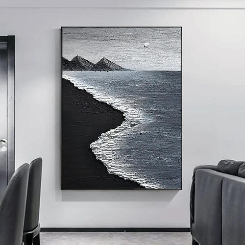 纯手绘油画沙滩海浪客厅装饰画现代玄关卧室挂画石英砂丙烯立体画