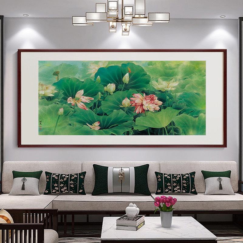 荷花客厅装饰画茶室书房餐厅过道挂画新中式国风沙发背景水墨壁画图片