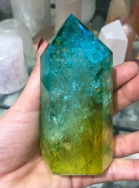 热销电镀打孔水晶柱双色镀彩单尖摆件柱水晶柱