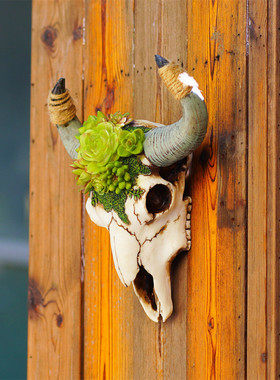 创意仿真多肉麻绳牛角壁挂摆件家居软装花园墙壁装饰立体动物挂件