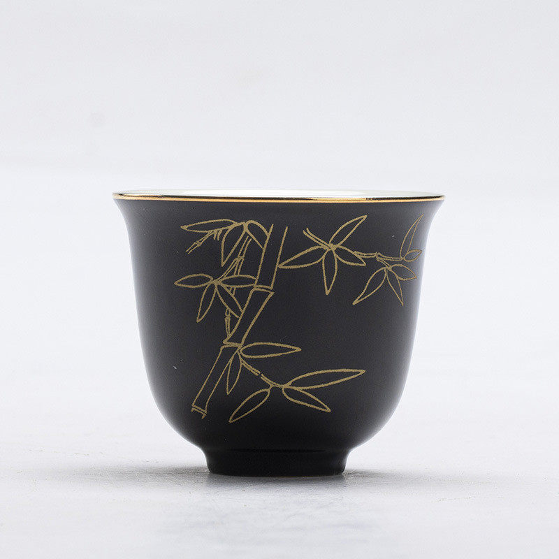 墨己 描金玄黑陶瓷品茗杯 黑地金梅喝茶单杯 岁寒三友元素桃竹松