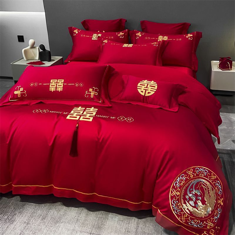 龙凤喜被四件套刺绣结婚大红色被套床单床笠婚庆陪嫁床上用品厂家