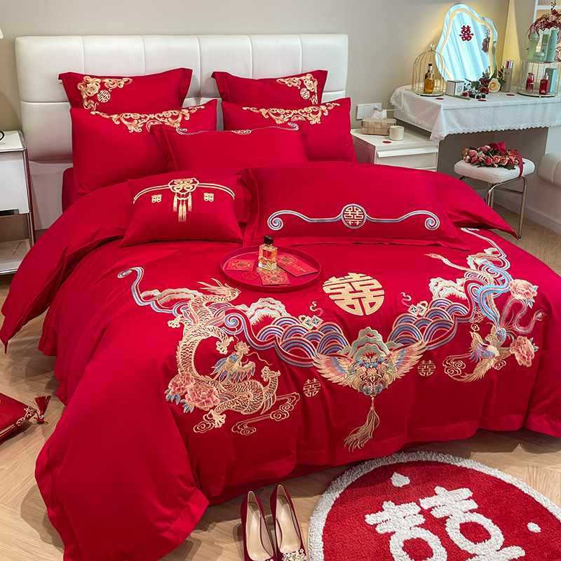 BG54中式刺绣结婚四件套大红色床单被套喜被婚庆床上用品