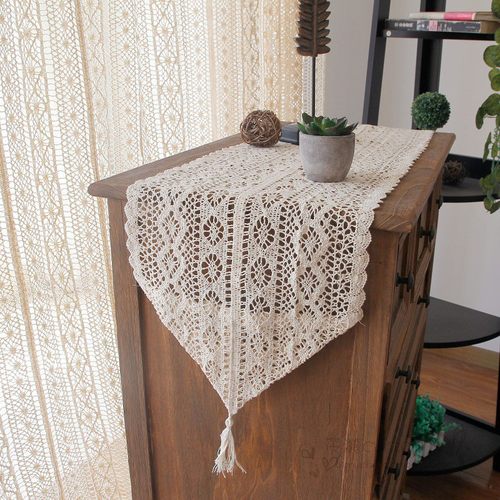 新中式蕾丝棉麻桌旗钩织镂空轻奢美式桌布茶几电视柜斗柜边柜新款