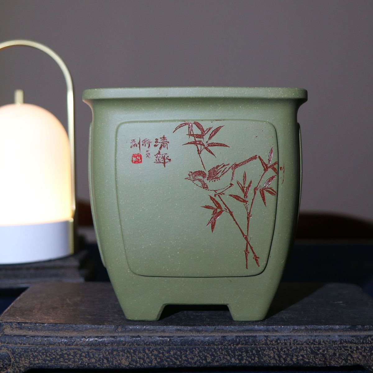 高档精品紫砂花盆纯正原矿绿泥刻绘高四方奎面兰花盆春兰中号苏玲