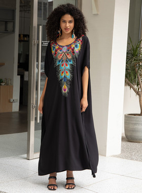 绣花罩衫人棉孔雀羽毛沙滩度假长袍l23192l