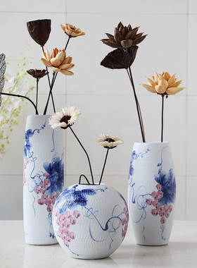 现代田园中式台面花瓶景德镇客厅装饰摆件花插干花花瓶三件套陶瓷