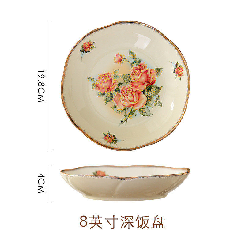 qjao批发韩式女皇玫瑰米饭碗碟套装家用金边宫廷奢华餐具陶瓷碗盘