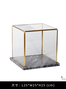 简约方形透明展示盒大理石装饰黄铜储物玻璃罩展会样品防尘装饰品