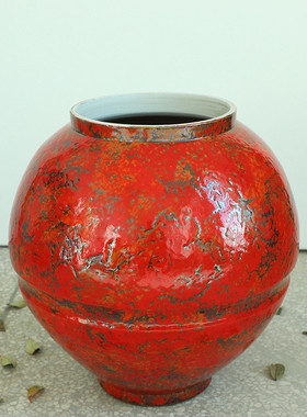 景观园林装饰插花摆件石榴红色大型月亮罐油画落地花瓶陶瓷罐民宿