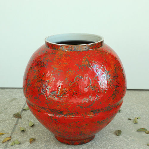 罐园林装饰插花摆件石榴红色大型月亮景观陶瓷落地花瓶油画罐民宿