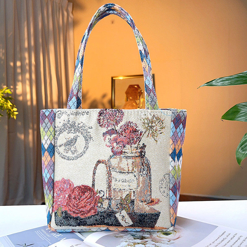 帆布手提包中花双面金丝提花刺绣瓶单肩包休闲文艺学生上班通新款