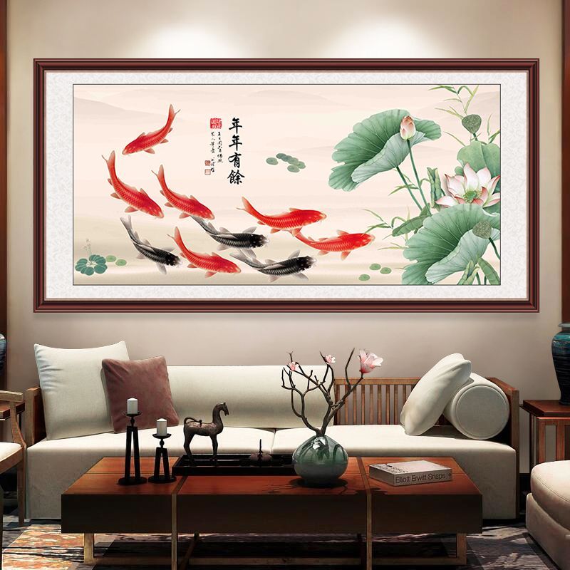 九鱼聚财图墙贴客厅沙发背景墙装饰画荷花中国风水招财壁纸自粘画图片