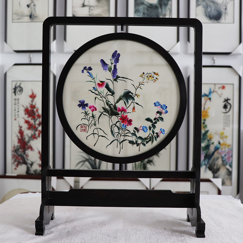 苏绣双面刺绣古风摆件客厅卧室手工真绣品繁花竹子小屏风蚕丝