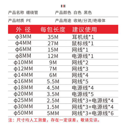 厂家直销电线缠绕管绕线管pe螺旋塑料管尾纤软管直径50mm一卷5米