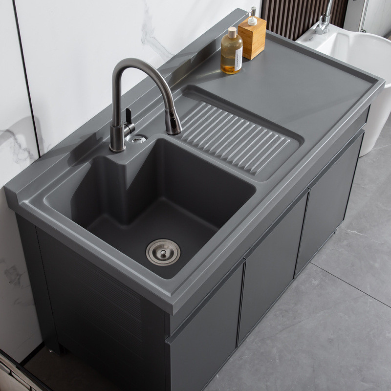 z655轻奢洗衣池台盆柜阳台太空铝洗衣柜黑岩石落地式洗衣台组合可