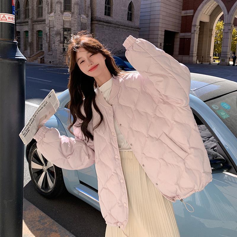 淡淡紫菱格羽绒棉服女装粉色冬季新款宽松短款棉袄小个子棉衣外套