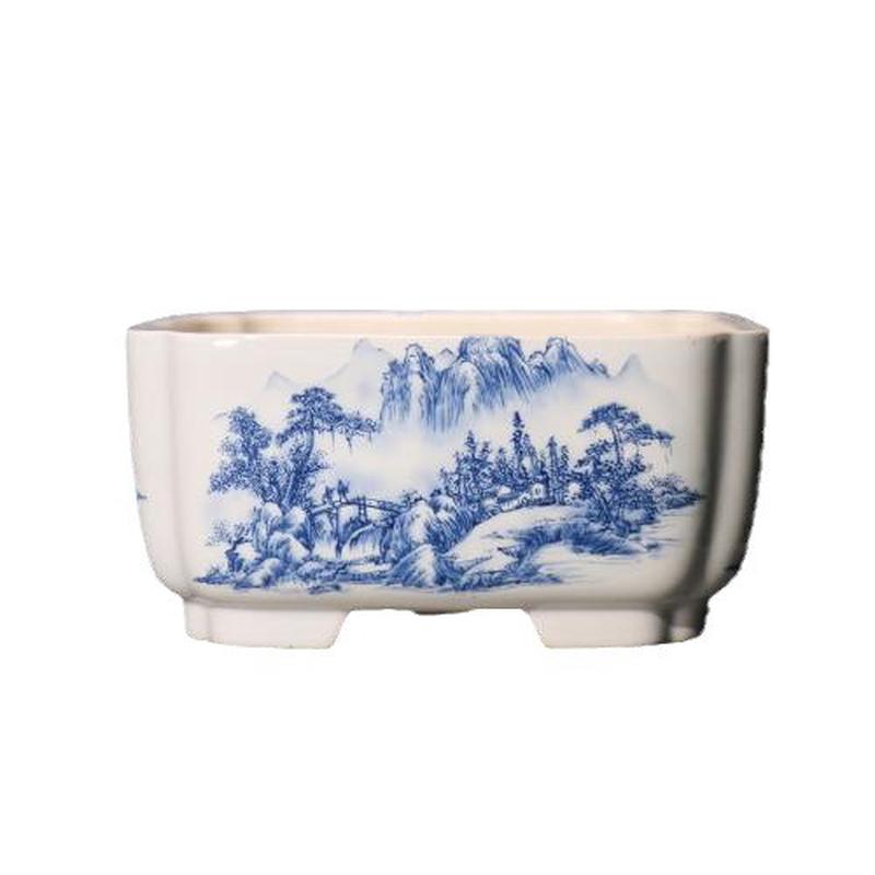 紫砂花盆正方形四方贴花手绘彩绘盆景盆桌面奎面中国风釉上彩