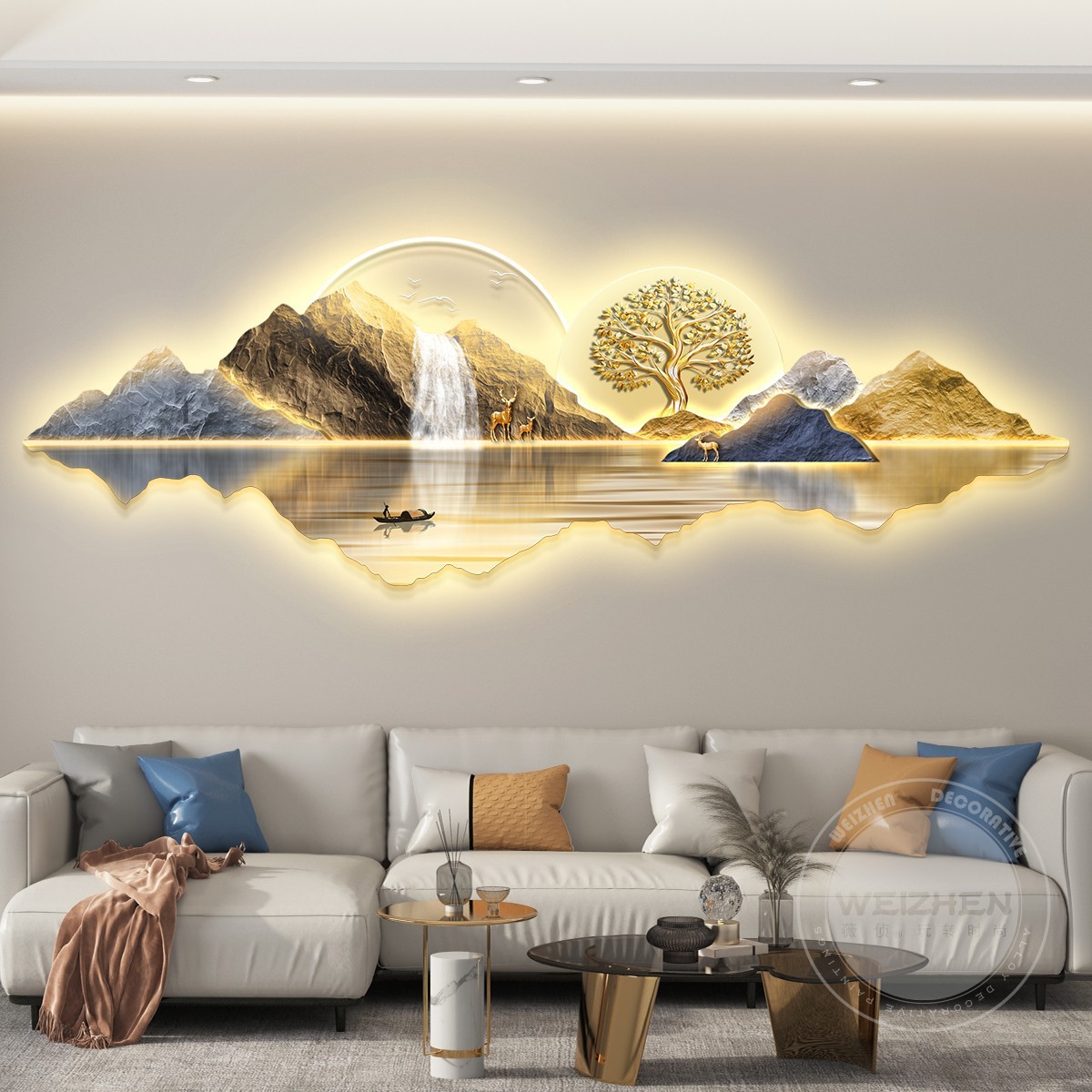 摇钱树led带灯简约现代客厅装饰画沙发背景墙挂画壁画轻奢高级感