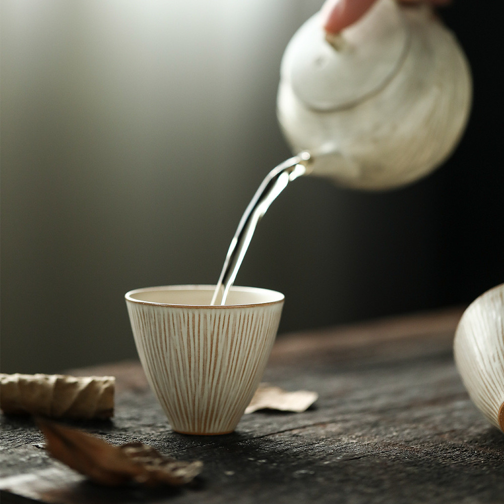 晴先生复古手捏茶杯竖纹手绘束口杯柴烧粉引开片斗笠杯盖碗公杯